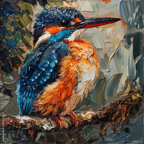 Ð¡ommon kingfisher, Alcedo atthis. The bird sits on a beautiful branch above the river waiting for a fish photo