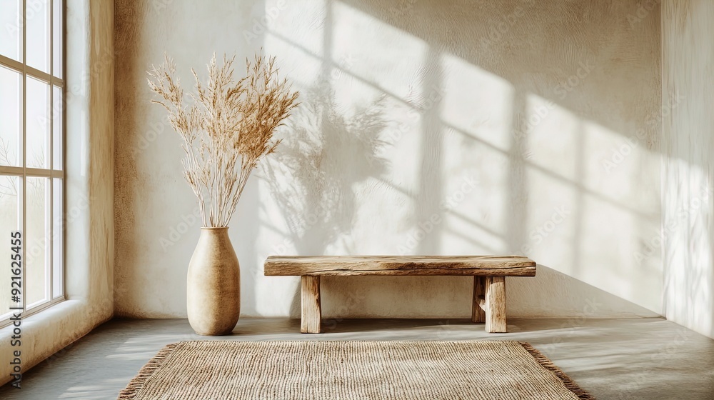 Warm Sunlit Corner: Rustic Wooden Bench and Dried Grasses - Perfect Poster for Cozy Home Decor or Relaxing Spaces Warm Sunlit Corner: Rustic Wooden Bench and Dried Grasses - Perfect Poster for Cozy Home Decor or Relaxing Spaces