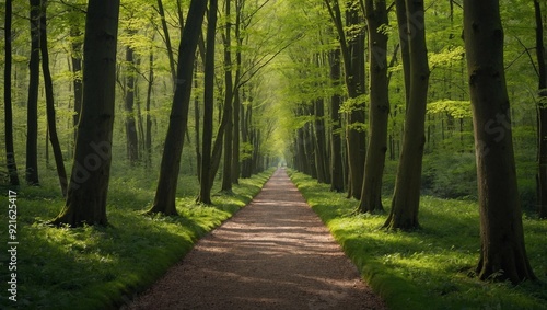 Walkway in a green spring beech forest in Leuven, Belgium. Beautiful natural tunnel. Atmospheric landscape. Eco tourism, travel destinations, environmental conservation, pure nature