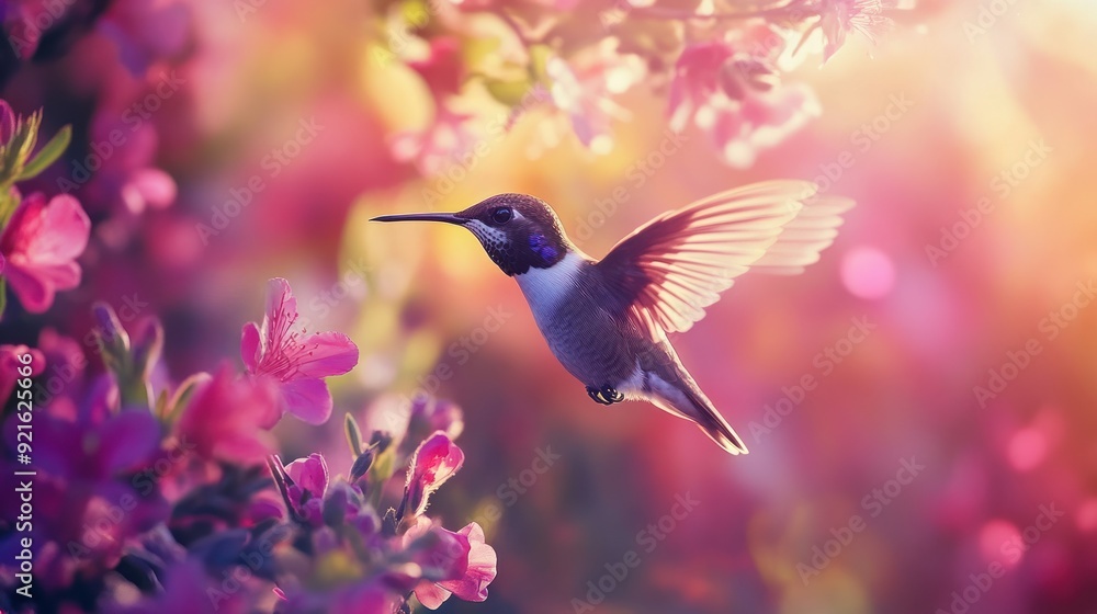 Naklejka premium A Hummingbird in Flight Among Vibrant Pink Flowers
