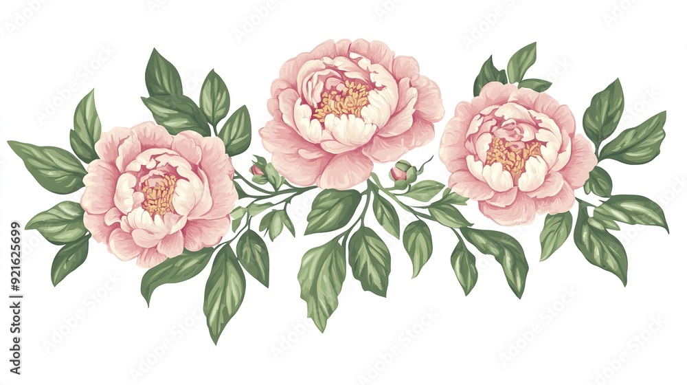 Vector Hand-Painted Wreath of Peony Flowers and Green Leaves, Stylized Vintage on White Background Vector Hand-Painted Wreath of Peony Flowers and Green Leaves, Stylized Vintage on White Background