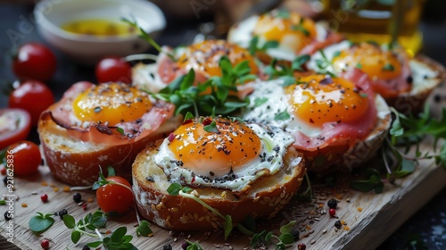 Close-up of a rustic wooden board with six fried eggs on toast, garnished with herbs and cherry tomatoes.