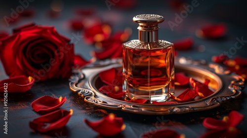 a delicate glass perfume bottle elegantly surrounded by rose petals and a silver tray