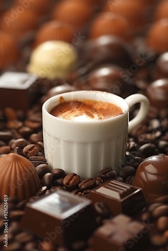 Espresso Indulgence: A close-up of a steaming espresso cup with a delicate latte art design, nestled amongst a symphony of coffee beans, dark chocolate squares, and assorted truffles. A delicious symp
