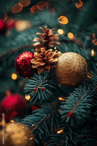 decorations on christmas tree giving festive, holiday vibes. In the background is bokeh lights.