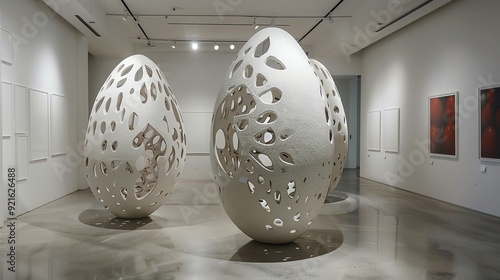 Two large, abstract, white sculptures with intricate patterns stand in a modern gallery space. photo