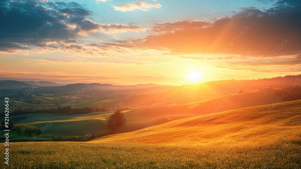 Radiant sunrise over rolling hills, representing the spiritual awakening and the promise of new beginnings Radiant sunrise over rolling hills, representing the spiritual awakening and the promise of new beginnings