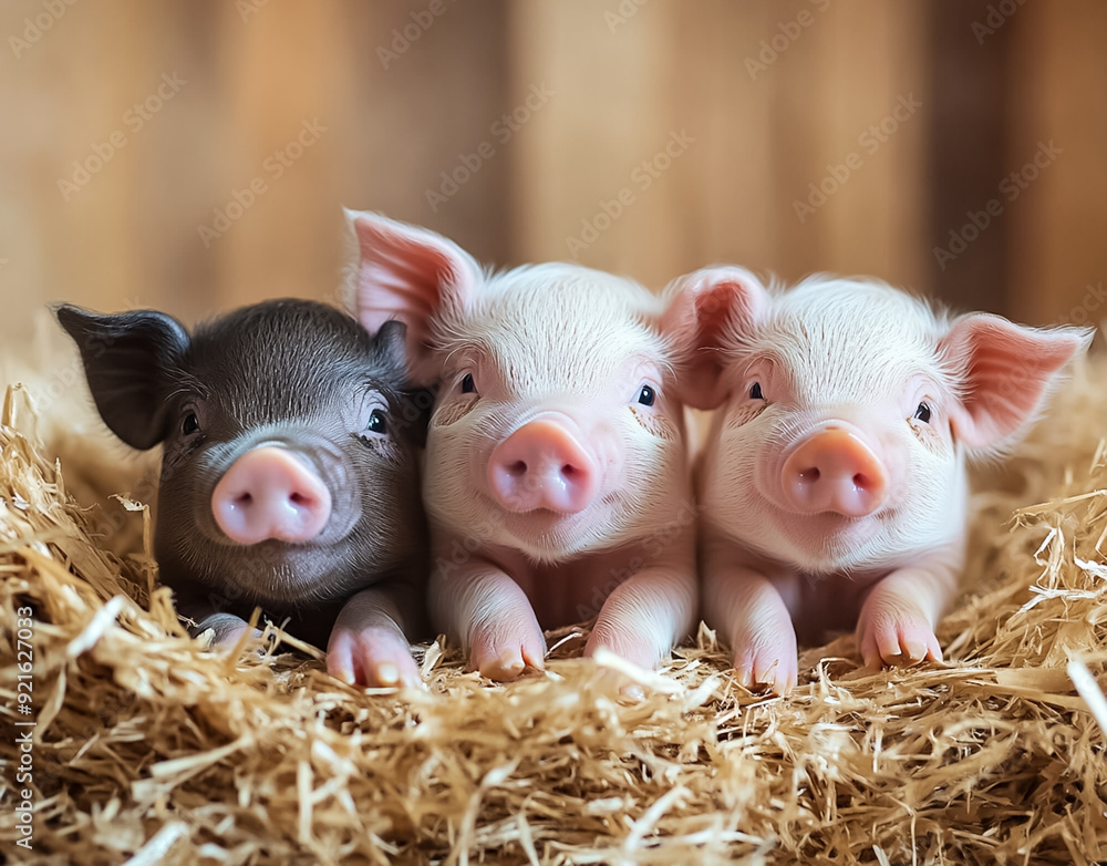 Three newborn piglets are on the farm. Three newborn piglets are on the farm.