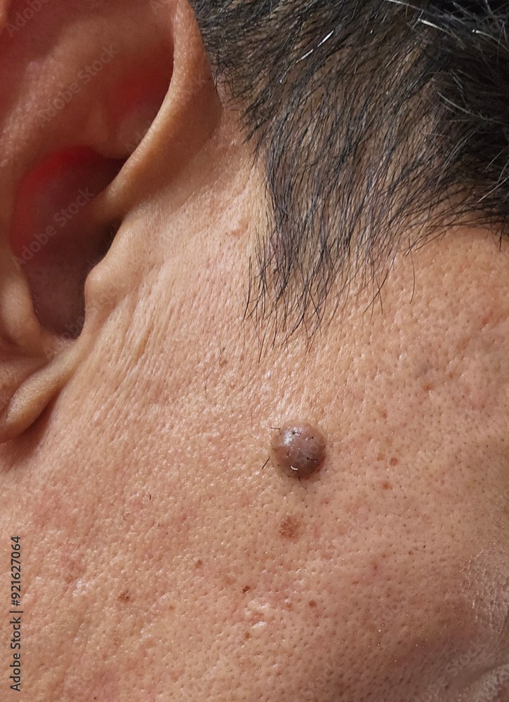 A mole on the face seen up close that enlarges and grows hairs A mole on the face seen up close that enlarges and grows hairs