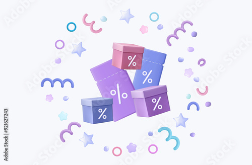 Free box, cashback with confetti and gift voucher. Holiday coupons with bonus. Free delivery, low interest rates, gift surprise box, big shopping. Online shipping, sale with mega discounts. Vector 3d.