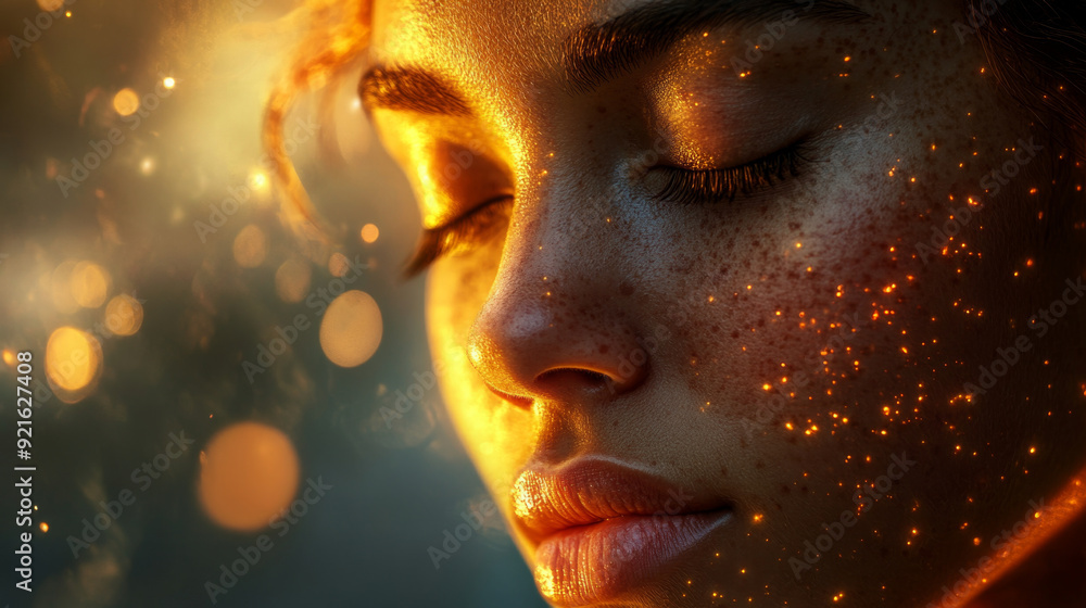A close-up of a woman's face with closed eyes, illuminated by warm, golden light. Her freckles sparkle like tiny stars, creating a magical, ethereal effect. A close-up of a woman's face with closed eyes, illuminated by warm, golden light. Her freckles sparkle like tiny stars, creating a magical, ethereal effect.