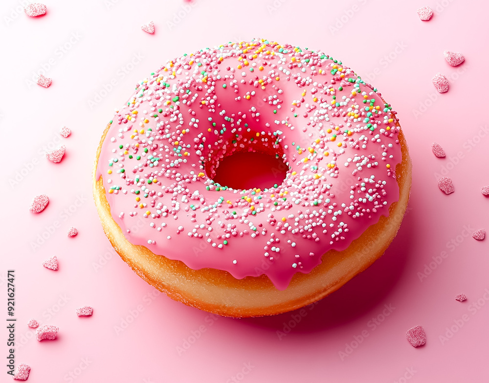 A pink donut with colorful sprinkles on a pink background. A pink donut with colorful sprinkles on a pink background.