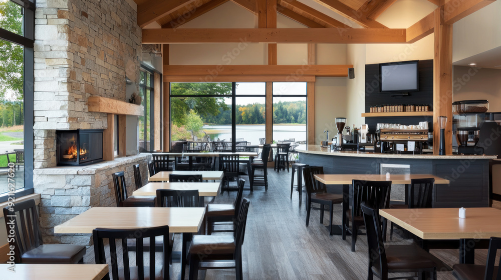 A cozy coffee shop by calm lake, wooden beams and stone accents A cozy coffee shop by calm lake, wooden beams and stone accents