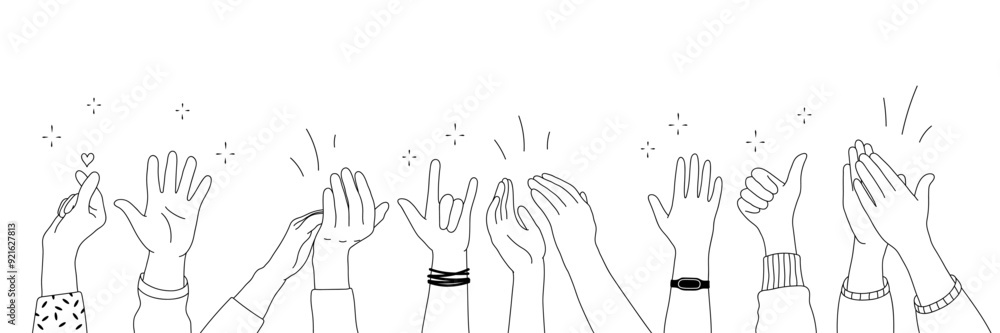 Applause hands set on doodle style. Human hands sketch, scribble arms wave clapping on white background, thumb up gesture silhouette, vector illustration Applause hands set on doodle style. Human hands sketch, scribble arms wave clapping on white background, thumb up gesture silhouette, vector illustration