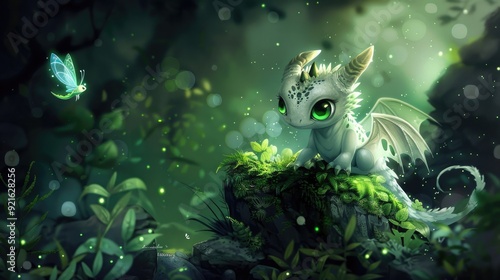 A cute, small, white dragon with large green eyes sits atop a mossy rock formation