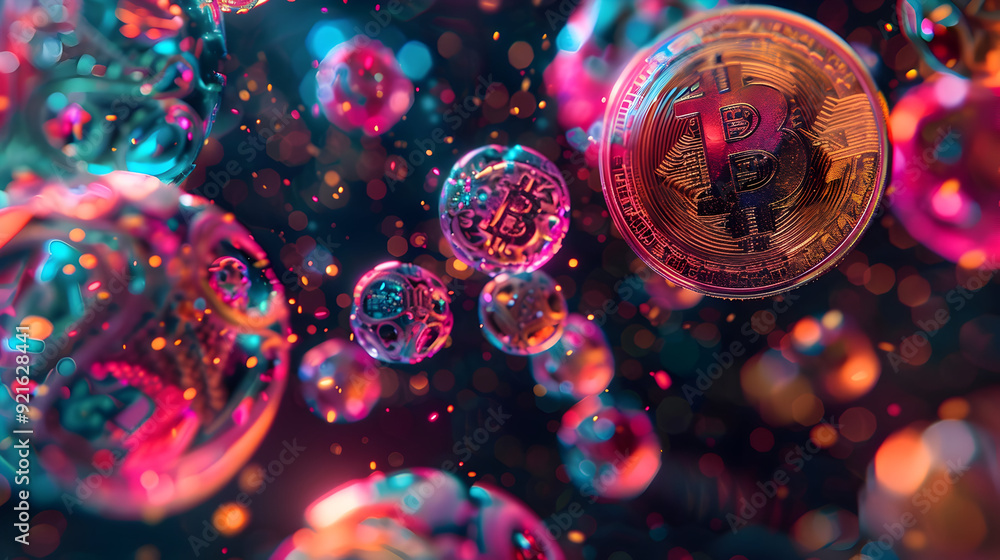 Abstract 3D Illustration of Bitcoin Coins in a Neon Glow Abstract 3D Illustration of Bitcoin Coins in a Neon Glow