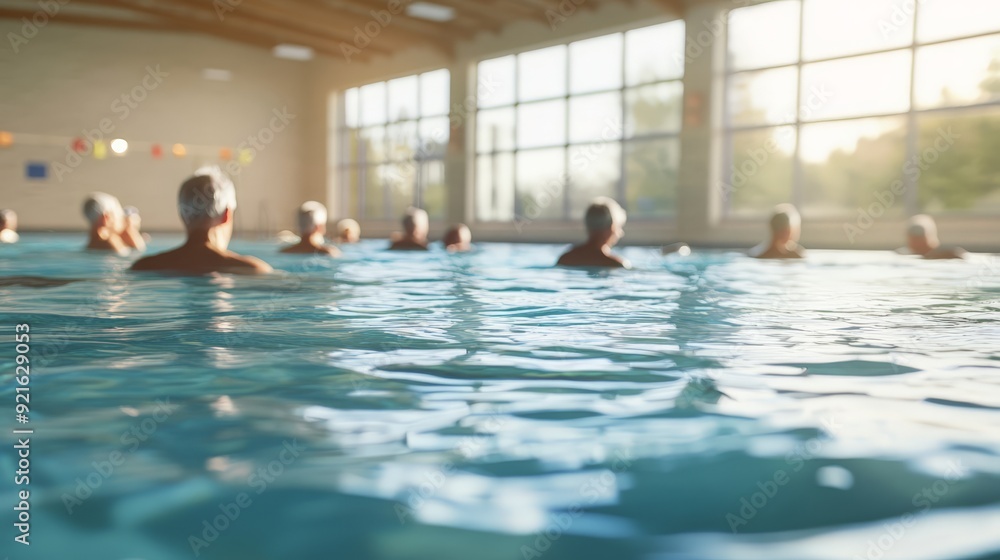 A group of people swimming in an indoor pool with large windows, enjoying a swim session in natural light. A group of people swimming in an indoor pool with large windows, enjoying a swim session in natural light.