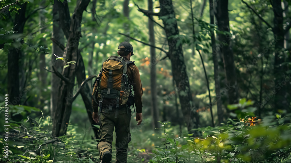Hunter Walking Through the Woods: Hunter walking through the woods with archery gear Hunter Walking Through the Woods: Hunter walking through the woods with archery gear