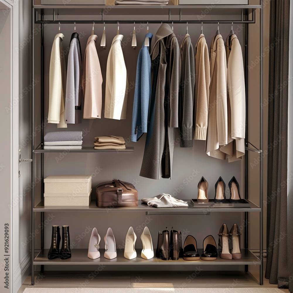 Modern dressing room interior with rack of stylish shoes and women's clothes Modern dressing room interior with rack of stylish shoes and women's clothes