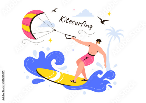 Kitesurfing Vector Illustration featuring a Kite Surfer Standing on a Kiteboard in the Summer Sea in Extreme Water Sports with a Cartoon Background