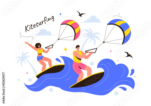 Kitesurfing Vector Illustration featuring a Kite Surfer Standing on a Kiteboard in the Summer Sea in Extreme Water Sports with a Cartoon Background