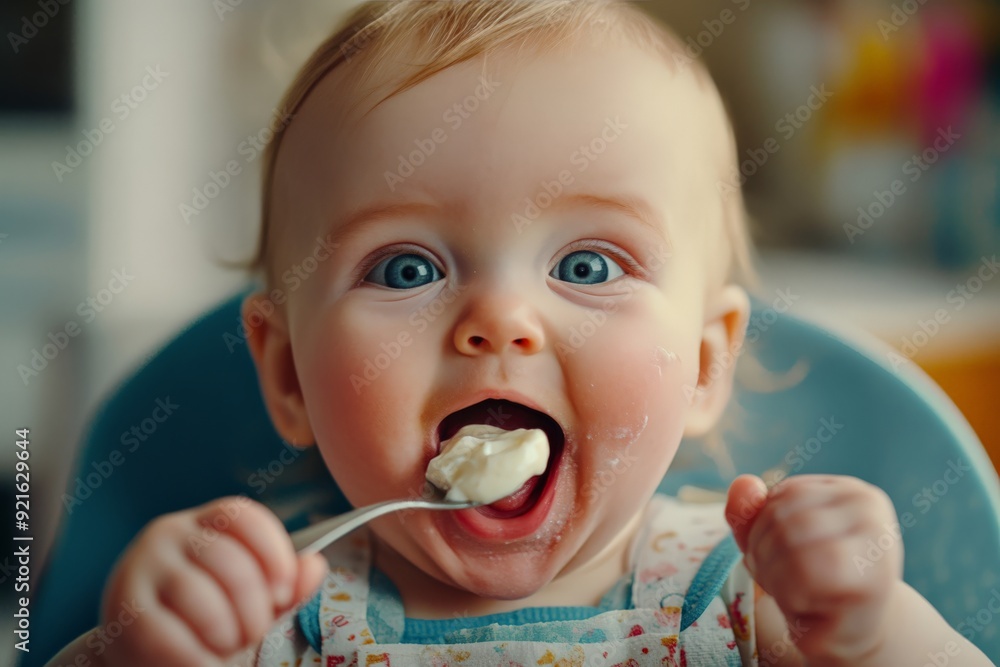 Adorable baby enjoying a spoonful of food with a joyful expression, seated in a high chair. Close-up photo capturing excitement and innocence. Adorable baby enjoying a spoonful of food with a joyful expression, seated in a high chair. Close-up photo capturing excitement and innocence.