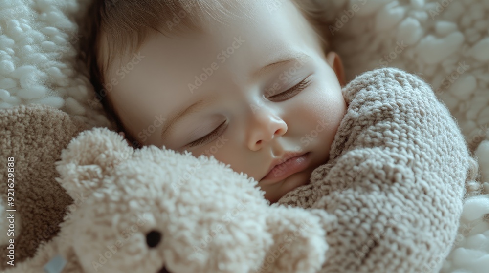 Adorable baby peacefully sleeping, cuddling a soft teddy bear on a cozy blanket, capturing the essence of childhood comfort and innocence. Adorable baby peacefully sleeping, cuddling a soft teddy bear on a cozy blanket, capturing the essence of childhood comfort and innocence.