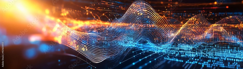 Vibrant digital waves with warm and cool tones, representing data flow and technology in a futuristic landscape. Vibrant digital waves with warm and cool tones, representing data flow and technology in a futuristic landscape.