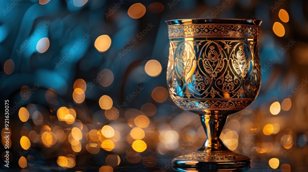 Ornate Golden Chalice Against a Blue and Gold Bokeh Background