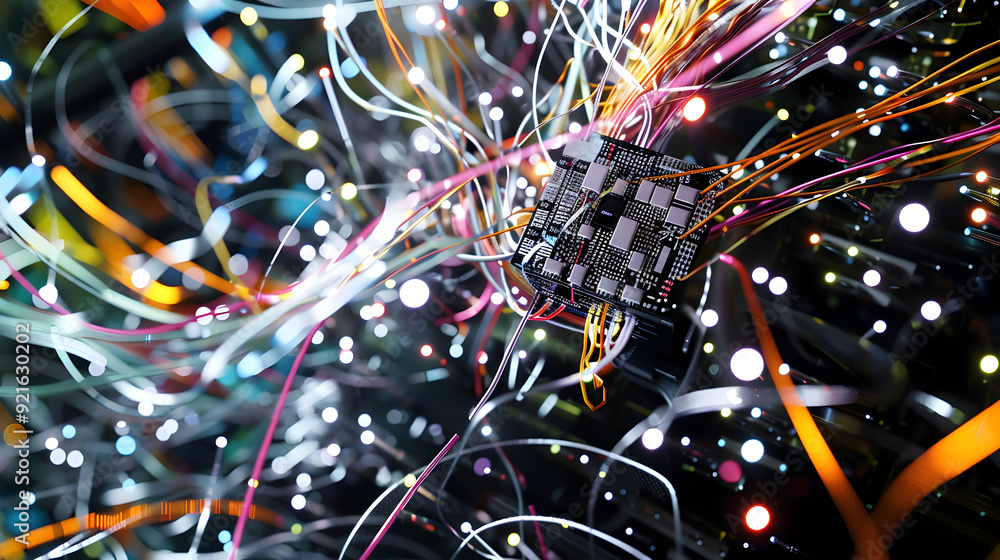 Abstract 3D Illustration of a Circuit Board with Colorful Wires and Lights Abstract 3D Illustration of a Circuit Board with Colorful Wires and Lights