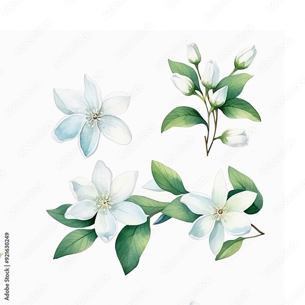 Watercolor Jasmine flower hand drawn illustration isolated on white background, Jasmin plant for design greeting card, wedding invitation, cosmetic design Watercolor Jasmine flower hand drawn illustration isolated on white background, Jasmin plant for design greeting card, wedding invitation, cosmetic design
