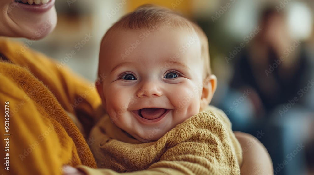Adorable baby smiling joyfully while being held, capturing a heartwarming and tender moment of happiness. Adorable baby smiling joyfully while being held, capturing a heartwarming and tender moment of happiness.