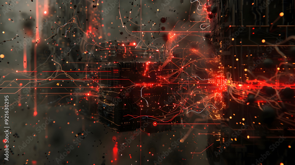 Abstract 3D Red and Black Background with Glowing Lines and Dots Abstract 3D Red and Black Background with Glowing Lines and Dots