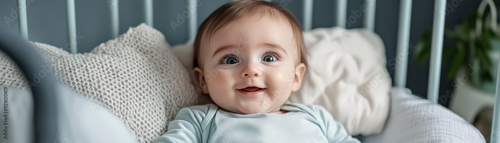 Adorable baby smiling while lying in a crib, surrounded by pillows and a cozy blanket, with a calm and serene background. Adorable baby smiling while lying in a crib, surrounded by pillows and a cozy blanket, with a calm and serene background.
