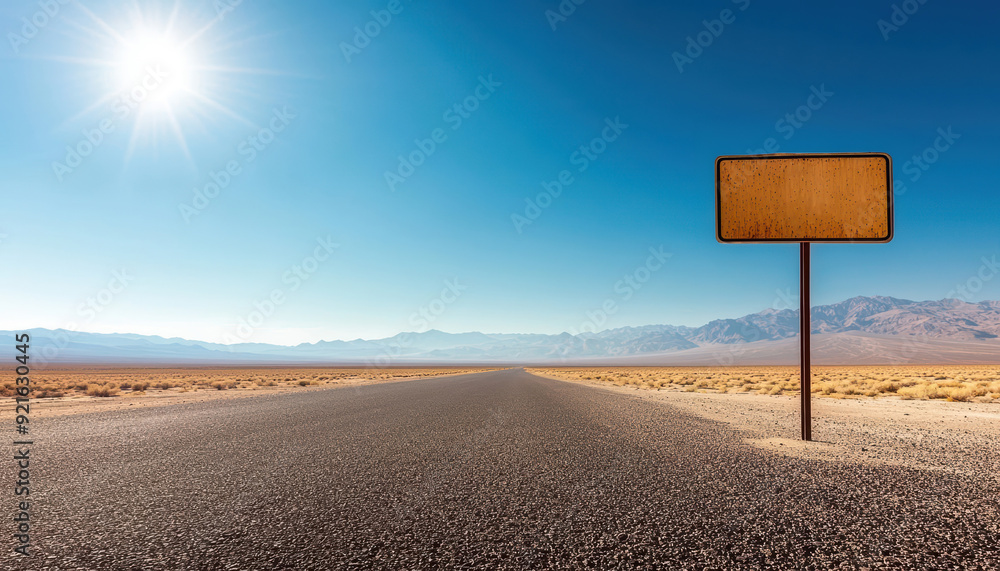 A blank roadside sign standing alone in a vast, barren desert landscape, with distant mountains under a bright, midday sun A blank roadside sign standing alone in a vast, barren desert landscape, with distant mountains under a bright, midday sun