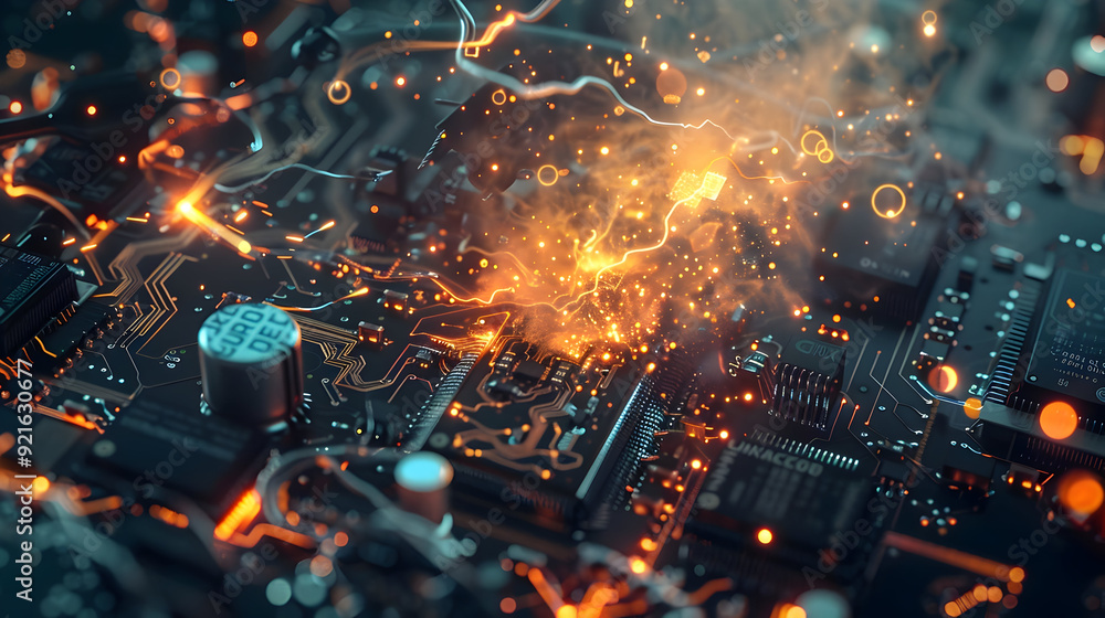 Circuit Board with Sparks and Smoke - 3D Illustration Circuit Board with Sparks and Smoke - 3D Illustration