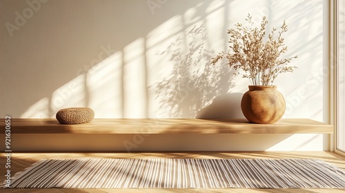 Tranquil Elegance: A Sunlit Wooden Shelf and Dried Flower Arrangement Poster - Perfect for Minimalist Home Decor or Yoga Studio Ambiance