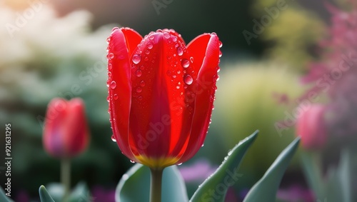 red tulip of green grass