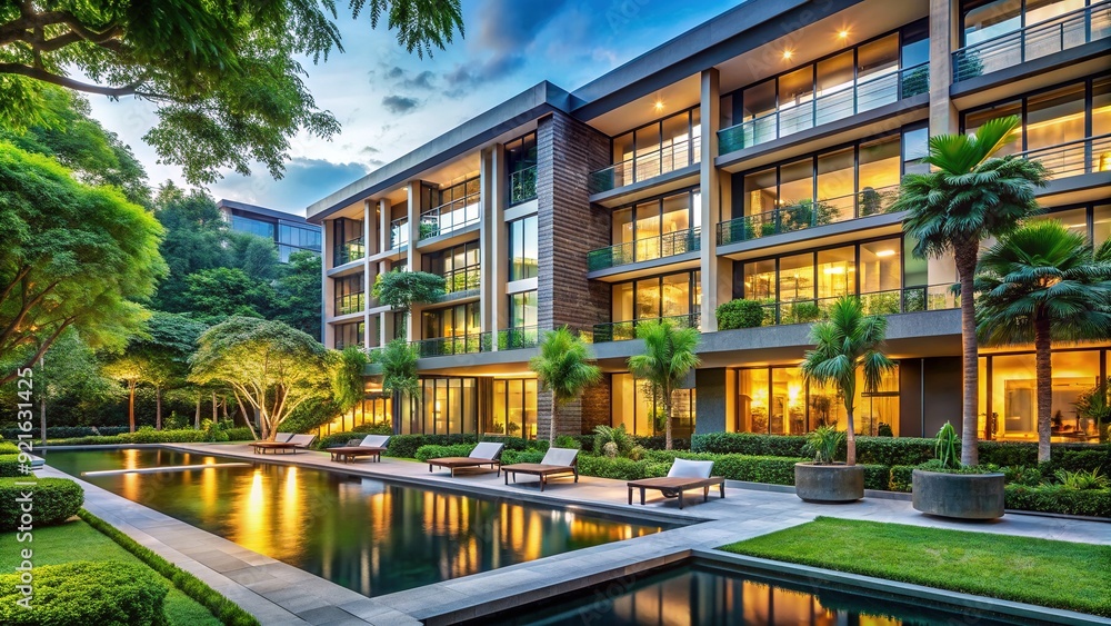 Luxurious modern hotel exterior with upscale amenities and sleek architecture, surrounded by lush greenery and a tranquil ambiance, perfect for relaxation and luxury living. Luxurious modern hotel exterior with upscale amenities and sleek architecture, surrounded by lush greenery and a tranquil ambiance, perfect for relaxation and luxury living.