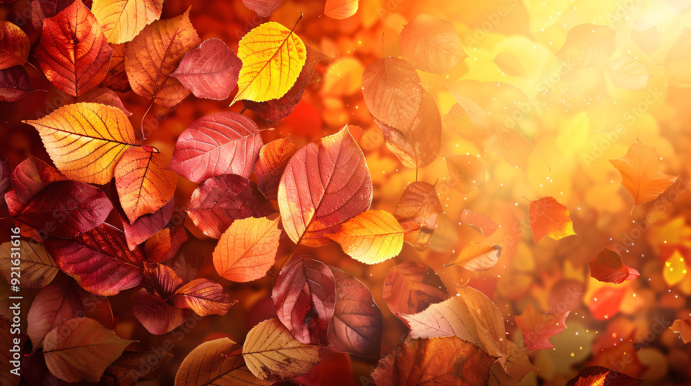 Closeup of colorful autumn leaves falling with a glowing background. Generative Ai Closeup of colorful autumn leaves falling with a glowing background. Generative Ai