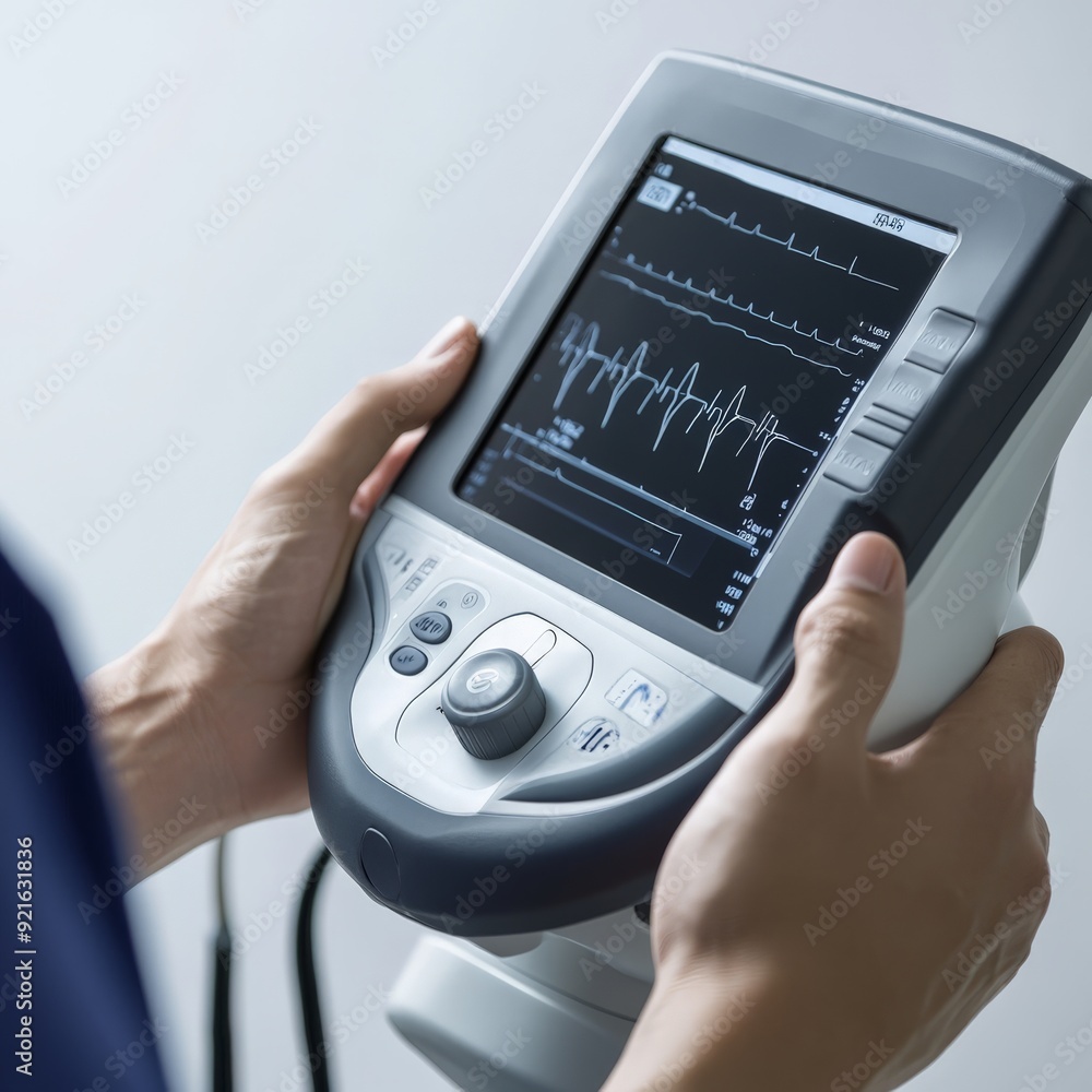 Close-up of a person's hands holding a portable ECG monitor displaying heart rhythms with clear readings. Close-up of a person's hands holding a portable ECG monitor displaying heart rhythms with clear readings.