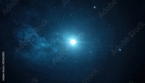 A bright star shines in the vast expanse of space, surrounded by a field of stars and nebulae.