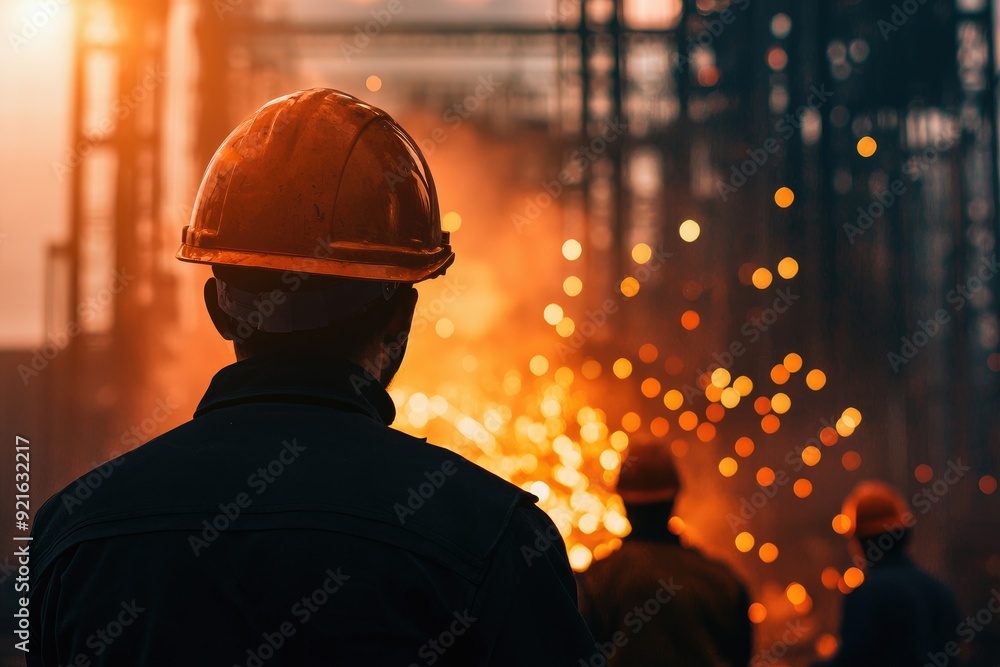 A dramatic image of construction workers silhouetted against a dark with sparks flying as they work A dramatic image of construction workers silhouetted against a dark with sparks flying as they work