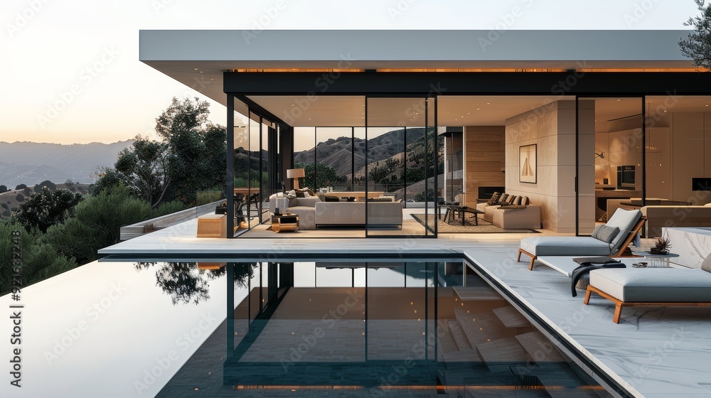 Fototapeta premium Modern hillside villa with an infinity pool at sunset in a serene landscape