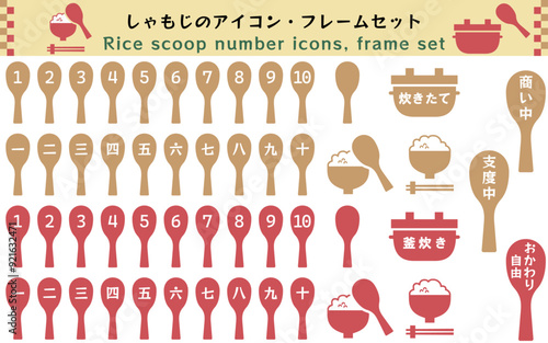 しゃもじのシンプルなナンバーアイコンセット、ごはん、釜炊き、ベクターイラスト、白背景、順番、ランキング、手順、あしらい、装飾