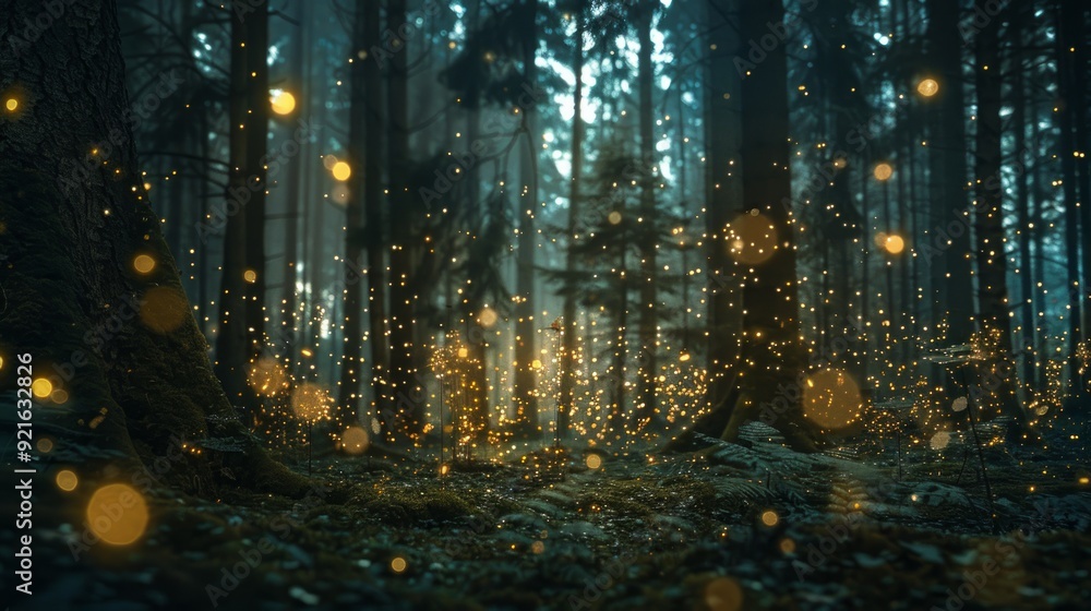 magical lights sparkling in mysterious forest at night magical lights sparkling in mysterious forest at night