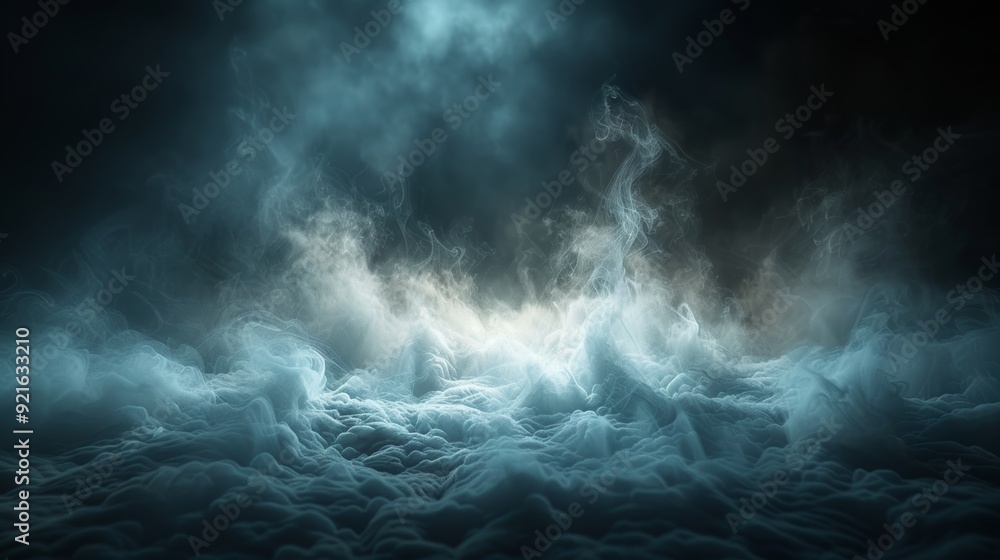 Ethereal mist rising above a dark, cloudy surface illuminated by soft light Ethereal mist rising above a dark, cloudy surface illuminated by soft light