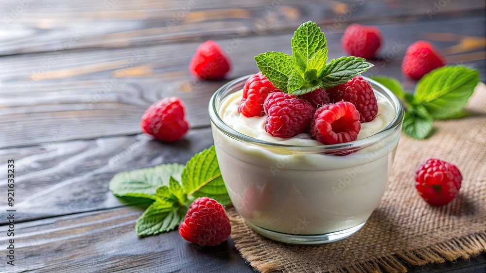 Creamy yogurt topped with fresh raspberries , healthy, breakfast, snack, dairy, fruit, delicious, red, sweet, vibrant Creamy yogurt topped with fresh raspberries , healthy, breakfast, snack, dairy, fruit, delicious, red, sweet, vibrant