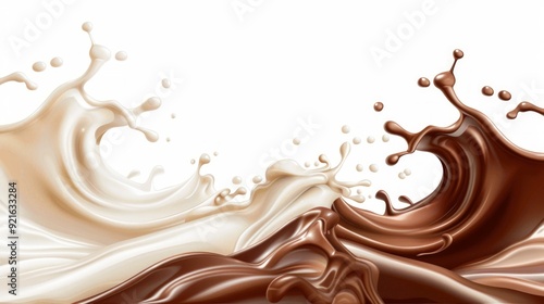 Milk and chocolate splash swirls and flow. Realistic vector background with cocoa and milky waves with drops. Vector illustration isolated on white background