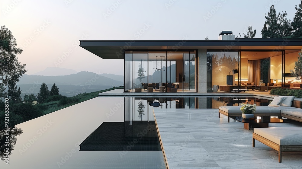 Fototapeta premium Modern hillside villa with infinity pool at sunset, featuring sleek architecture and panoramic mountain views